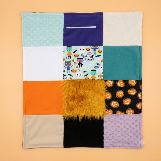 Sensory Blanket- Halloween Theme Plush fur zipper pocket Frankenstein pumpkins
