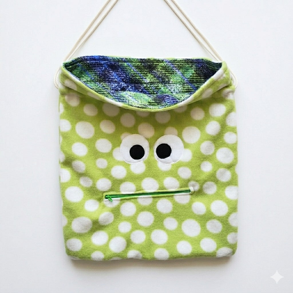 Chomper Buddy Drawstring bag, Slumber Bag,  Dementia Alzheimer's, green with white dots