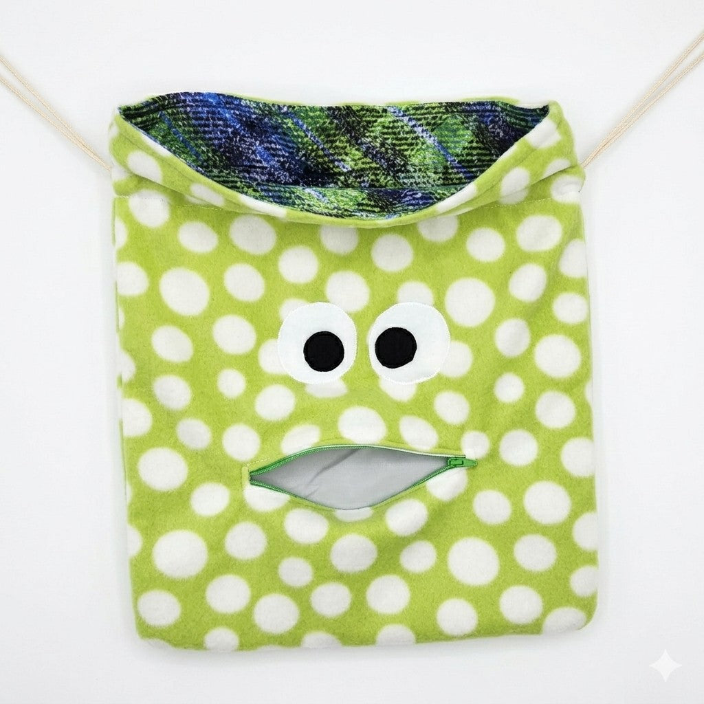 Chomper Buddy Drawstring bag, Slumber Bag,  Dementia Alzheimer's, green with white dots