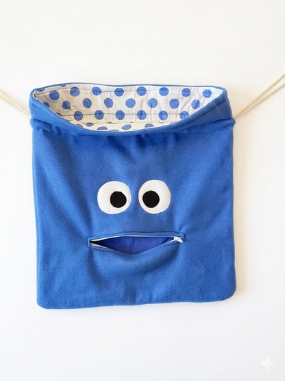 Chomper Buddy  Drawstring bag, Slumber Bag,  Dementia Alzheimer's, Blue fleece with Blue Dots lining