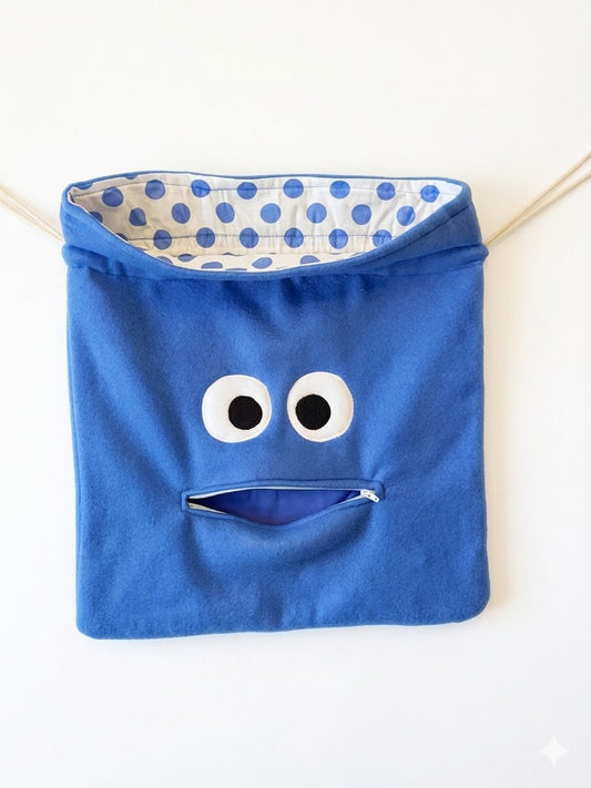 Chomper Buddy  Drawstring bag, Slumber Bag,  Dementia Alzheimer's, Blue fleece with Blue Dots lining
