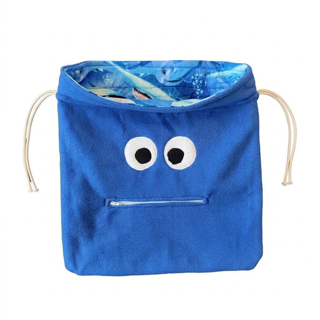 Chomper Buddy Drawstring bag, Dementia Alzheimer's, Blue Fleece with sharks lining