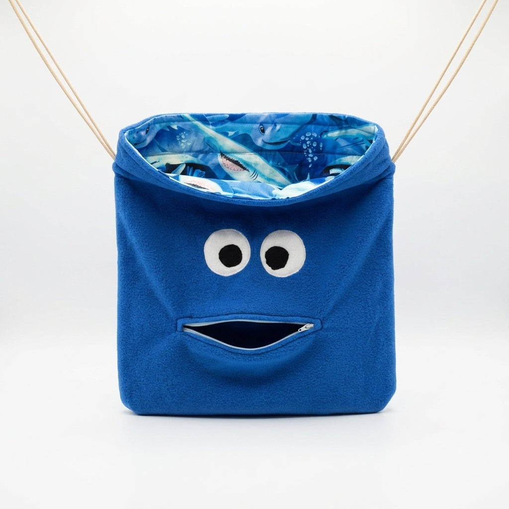 Chomper Buddy Drawstring bag, Dementia Alzheimer's, Blue Fleece with sharks lining