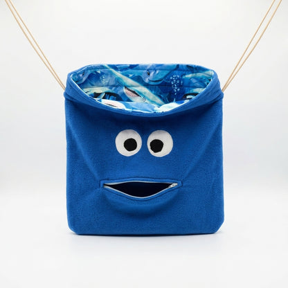 Chomper Buddy Drawstring bag, Dementia Alzheimer's, Blue Fleece with sharks lining