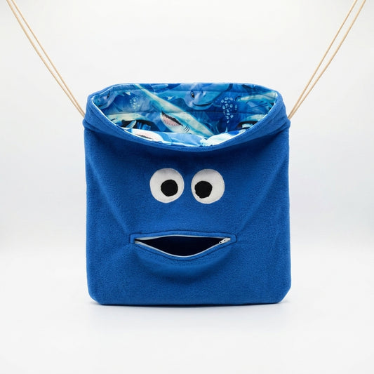 Chomper Buddy Drawstring bag, Dementia Alzheimer's, Blue Fleece with sharks lining
