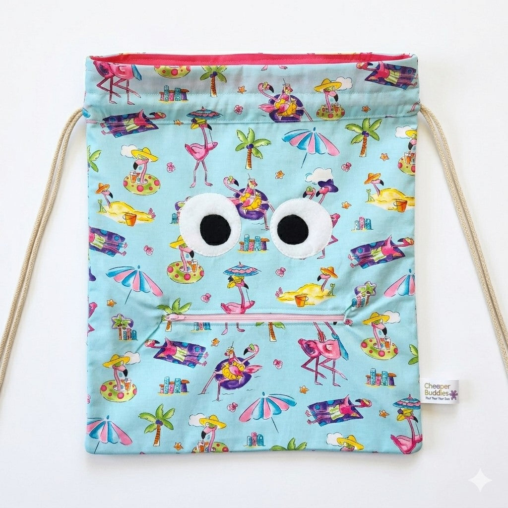 Chomper Buddy  Drawstring bag, Dementia Alzheimer's Beach Flamingos