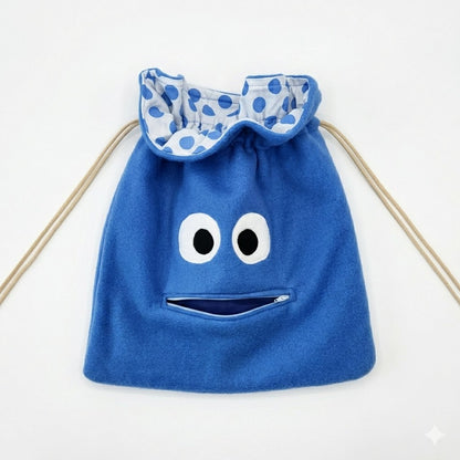 Chomper Buddy  Drawstring bag, Slumber Bag,  Dementia Alzheimer's, Blue fleece with Blue Dots lining