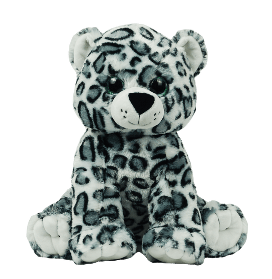 A soft, 16” plush snow leopard stuffy sitting with a white background. *Comes unstuffed.