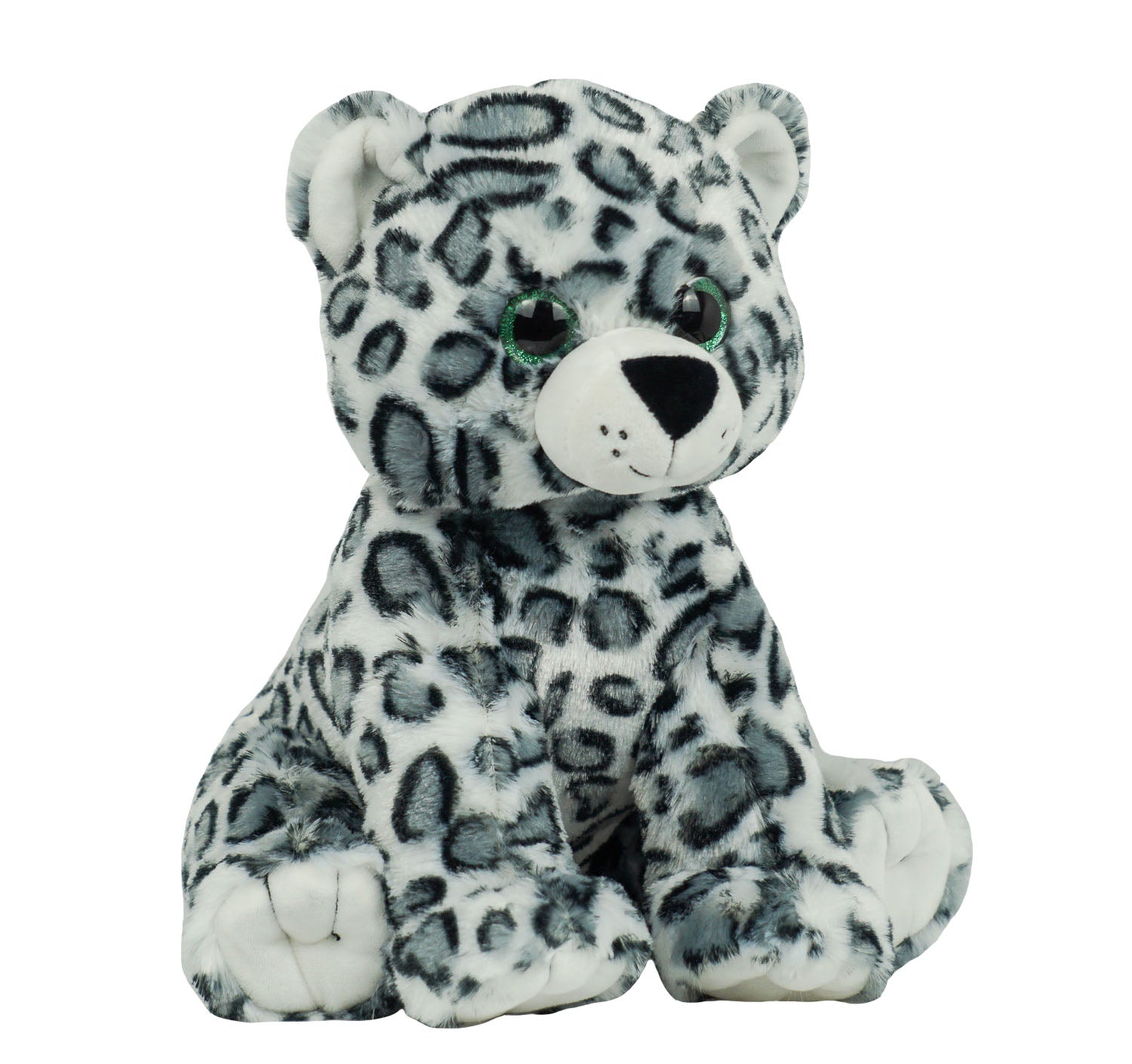 A soft, 16” plush snow leopard stuffy sitting on an angle with a white background. *Comes unstuffed.