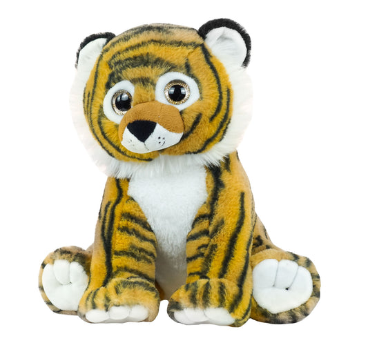 A soft, 16” plush tiger stuffy sitting with a white background. *Comes unstuffed.