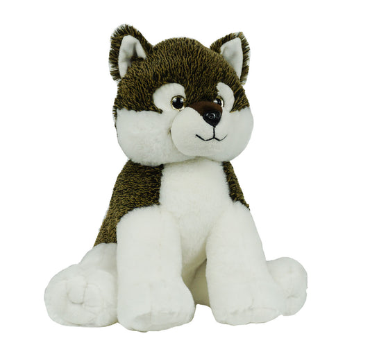 A soft, furry brown and white 16” plush wolf stuffy sitting on an angle with a white background. *Comes unstuffed.